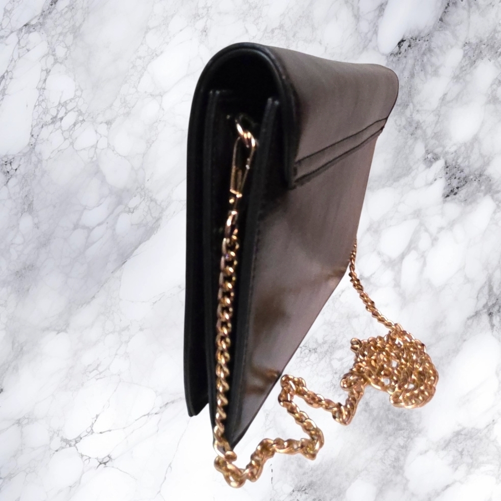 Kensie Black Leather Clutch Crossbody Gold Chain Evening Bag Minimalist Chic - Picture 10 of 16
